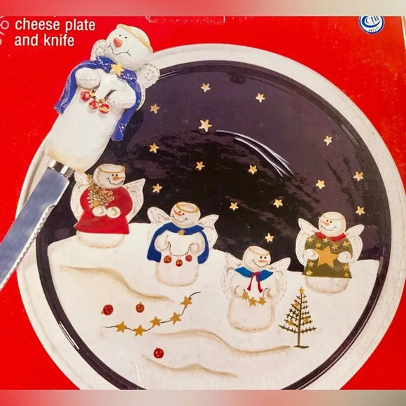 Cheese Plate and Knife Hand Painted 9 in Diameter Holiday Snowman Angel Design - Picture 3 of 3